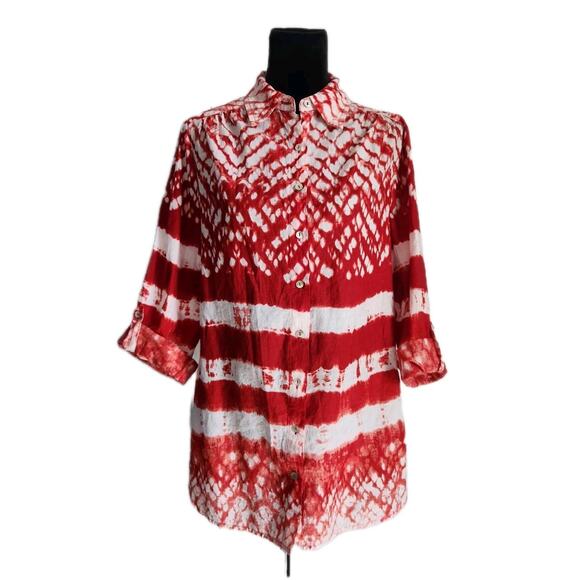 Beaches & boho Cotton Tie Dye Button Front High Low Beach Cover Up Blouse Size L - Picture 1 of 7